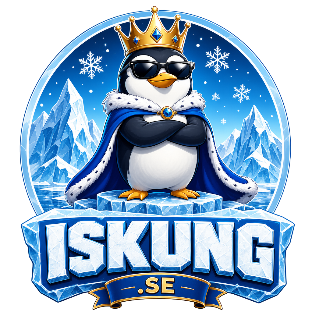 Iskung – pingvinen Kung Kyl med krona och solglasögon